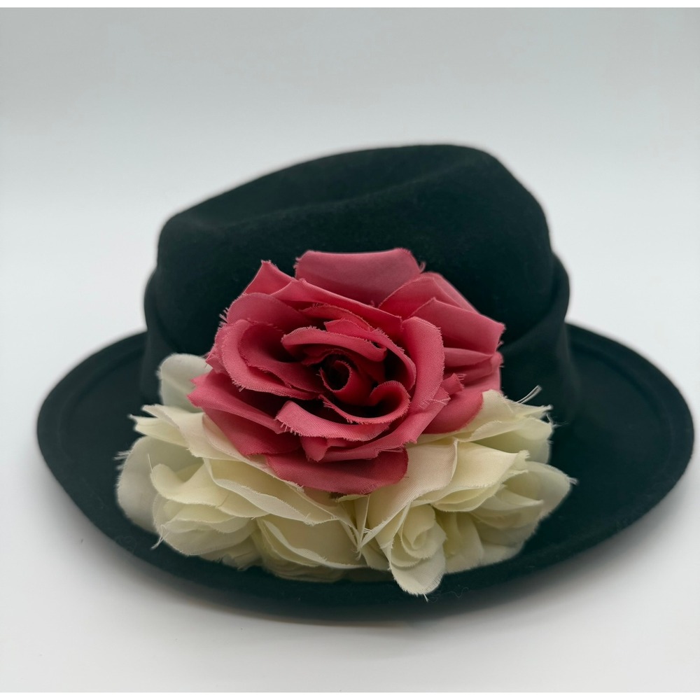 Vintage 1960s Arlin Black Wool Felt Hat Pink Cream Floral Rose Church Dressy